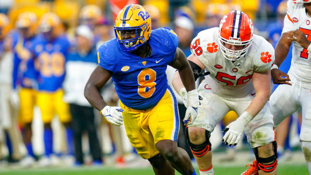 FILE -Pittsburgh defensive lineman Calijah Kancey (8) plays against Clemson during an NCAA college football game, Saturday, Oct. 23, 2021, in Pittsburgh. The Panthers are looking to prove their run to an ACC title in 2021 was no fluke.(AP Photo/Keith Srakocic, File)